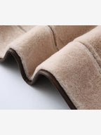Retro Oversized Shearling Trim Leather Coat Belted Waist Plush Lining Cold Weather Jacket