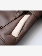 Retro Oversized Shearling Trim Leather Coat Belted Waist Plush Lining Cold Weather Jacket