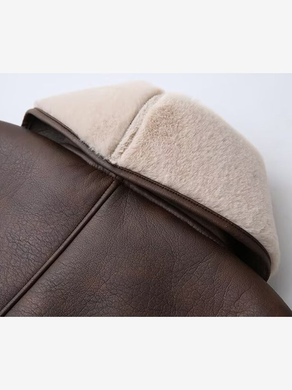 Retro Oversized Shearling Trim Leather Coat Belted Waist Plush Lining Cold Weather Jacket