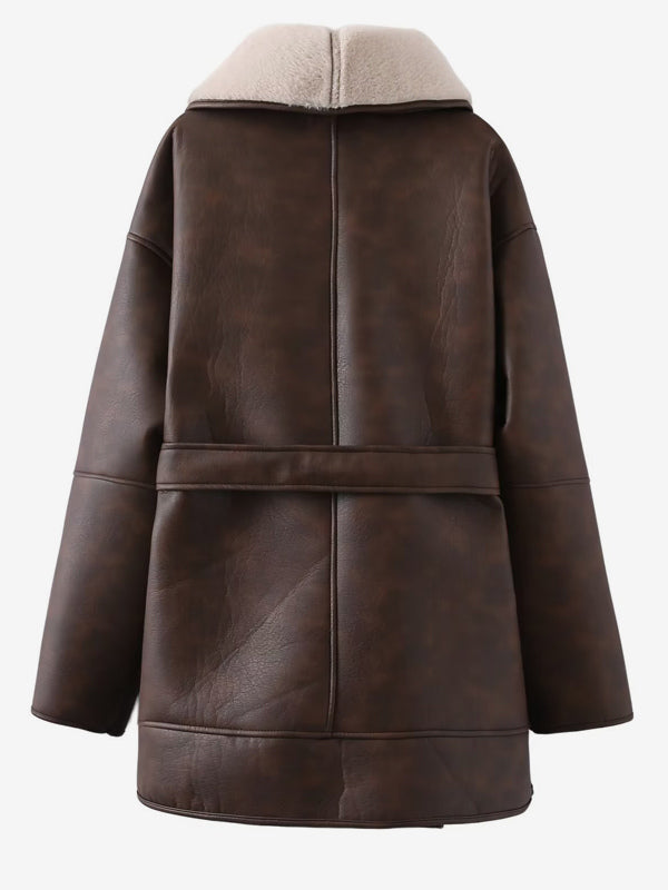 Retro Oversized Shearling Trim Leather Coat Belted Waist Plush Lining Cold Weather Jacket