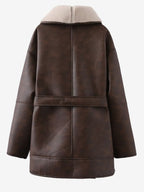 Retro Oversized Shearling Trim Leather Coat Belted Waist Plush Lining Cold Weather Jacket