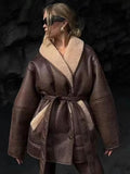 Retro Oversized Shearling Trim Leather Coat Belted Waist Plush Lining Cold Weather Jacket