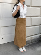 Midi Skirt Soft Suede Fabric High Waist Back Slit Vintage Midi Skirt
