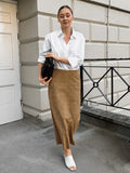 Midi Skirt Soft Suede Fabric High Waist Back Slit Vintage Midi Skirt