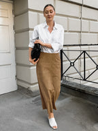 Midi Skirt Soft Suede Fabric High Waist Back Slit Vintage Midi Skirt