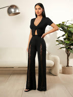 Wide Leg Pants Lace Cutout Side Slit High Waist Flare Women Pants Wide Leg Pants