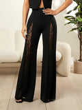 Wide Leg Pants Lace Cutout Side Slit High Waist Flare Women Pants Wide Leg Pants