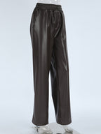 Elastic Drawstring Waist Faux Leather Wide Leg Pants Black Brown Loose Casual Trousers