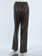 Elastic Drawstring Waist Faux Leather Wide Leg Pants Black Brown Loose Casual Trousers