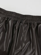 Elastic Drawstring Waist Faux Leather Wide Leg Pants Black Brown Loose Casual Trousers