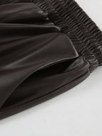 Elastic Drawstring Waist Faux Leather Wide Leg Pants Black Brown Loose Casual Trousers