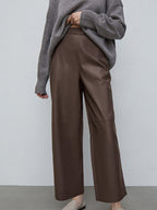 High Waist Faux Leather Wide Leg Pants Brown Straight Leg Casual Trousers