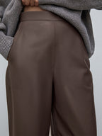 High Waist Faux Leather Wide Leg Pants Brown Straight Leg Casual Trousers