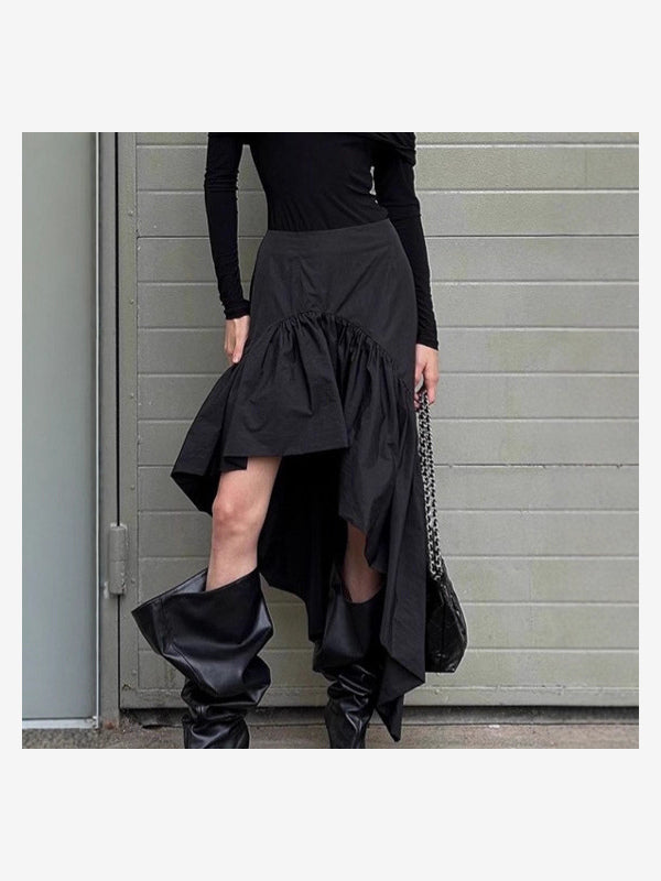 High Waist Ruffle High Low Hem Black Women Skirt Asymmetrical Midi Skirt
