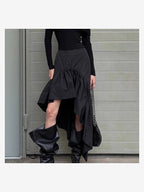 High Waist Ruffle High Low Hem Black Women Skirt Asymmetrical Midi Skirt