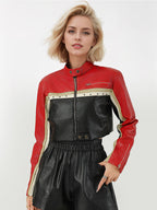 Color Block Cropped Moto Jacket Stand Collar Zip Front Contrast Stripe Faux Leather Coat