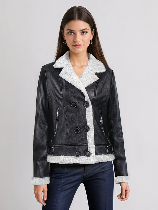 Women's Faux Shearling Lined Leather Jacket Lapel Double Breasted Warm Winter Biker Coat