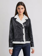 Women's Faux Shearling Lined Leather Jacket Lapel Double Breasted Warm Winter Biker Coat