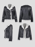 Women's Faux Shearling Lined Leather Jacket Lapel Double Breasted Warm Winter Biker Coat