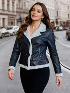 Women's Faux Shearling Lined Leather Jacket Lapel Double Breasted Warm Winter Biker Coat