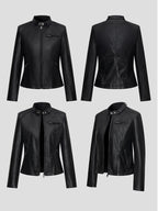 Stand Collar Zip Up Leather Jacket Slim Fit Side Zipper Pocket Solid Black Outer Coat