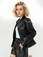 Stand Collar Zip Up Leather Jacket Slim Fit Side Zipper Pocket Solid Black Outer Coat