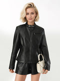 Stand Collar Zip Up Leather Jacket Slim Fit Side Zipper Pocket Solid Black Outer Coat