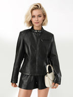 Stand Collar Zip Up Leather Jacket Slim Fit Side Zipper Pocket Solid Black Outer Coat
