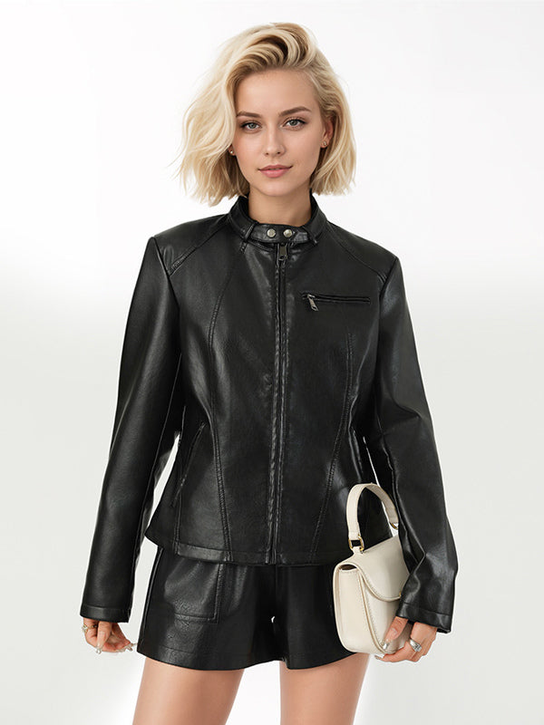 Stand Collar Zip Up Leather Jacket Slim Fit Side Zipper Pocket Solid Black Outer Coat