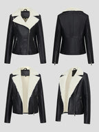 Fleece Lined Moto Jacket Wide Shearling Lapel Asym Zip Warm Faux Leather Coat