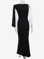 Party Dresses Black Cream Off Shoulder Mermaid Maxi Dress Sash Tie Long Sleeve Evening Gown