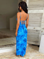 Vacation Dresses Floral Print Spaghetti Strap Midi Back Lace Up Ruched Front Side Slit Bodycon Dress