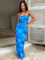 Vacation Dresses Floral Print Spaghetti Strap Midi Back Lace Up Ruched Front Side Slit Bodycon Dress