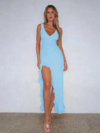Vacation Dresses V Neck Spaghetti Strap Maxi Dress High Slit Ruffle Hem Mermaid Bodycon Party Gown