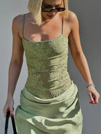 Party Dresses Sage Green Lace Splice Spaghetti Strap Maxi Dress Square Neck Ruched Waist Mermaid Formal Gown