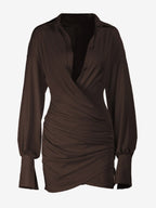 Party Dresses Surplice Wrap Shirt Mini Dress Long Sleeve Collar Ruched Slim Party Bodycon Dress