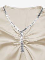 Champagne Satin Long Sleeve Bodysuit V Neck Rhinestone Trim Ruched Front Puff Sleeve Slim Top