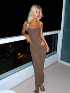 Night Out Dresses Brown Ruched Spaghetti Strap Maxi Dress Side Cutout High Split Mermaid Bodycon Party Gown