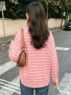Green Pink Horizontal Striped Button Down Shirt Collar Pocket Long Sleeve Oversized Casual Blouse