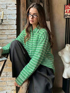 Green Pink Horizontal Striped Button Down Shirt Collar Pocket Long Sleeve Oversized Casual Blouse