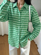 Green Pink Horizontal Striped Button Down Shirt Collar Pocket Long Sleeve Oversized Casual Blouse