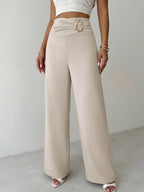 Beige High Waist Wide Leg Pants Front Ruched Metal Ring Decor Loose Straight Long Trousers