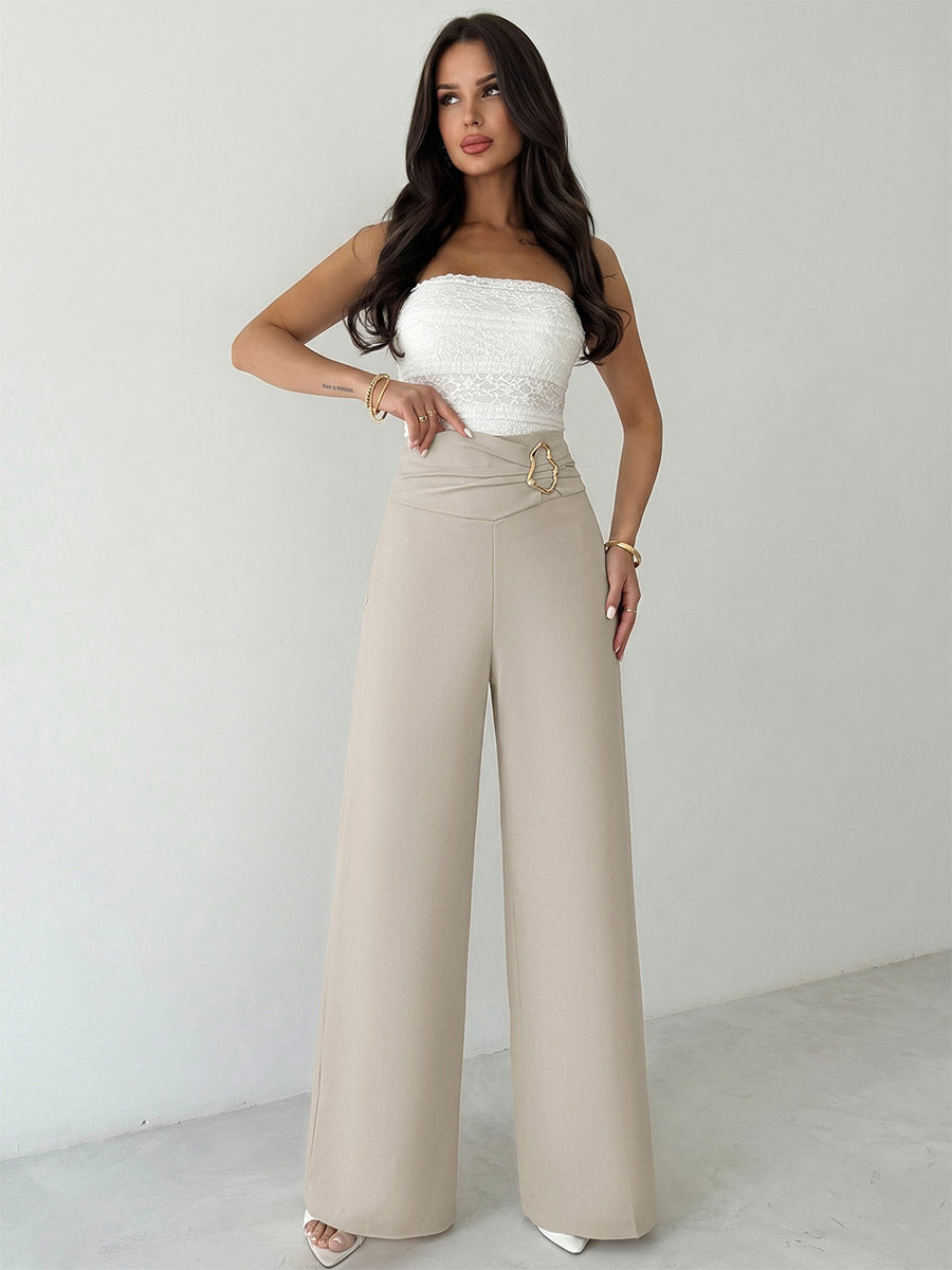 Beige High Waist Wide Leg Pants Front Ruched Metal Ring Decor Loose Straight Long Trousers
