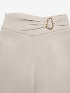 Beige High Waist Wide Leg Pants Front Ruched Metal Ring Decor Loose Straight Long Trousers