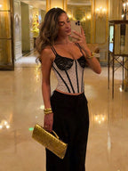 Contrast Lace Polka Dot Corset Camisole Thin Spaghetti Strap Bone Structured Slim Crop Bustier Top