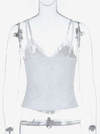 White Floral Lace Corset Top Spaghetti Strap V Neck Front Hook Bone Structured Bustier Crop Top