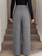 Grey Vertical Striped Wide Leg Trousers High Waist Elastic Back Loose Casual Palazzo Pants