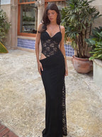 Party Dresses Black Lace Cutout Spaghetti Strap Maxi Dress Side Hollow Slit Back Cross Straps Mermaid Party Gown