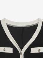 Daily Dresses Black Contrast White Trim Knit Midi Dress V Neck Pocket Belt Tie Waist Long Sleeve A Line Dress
