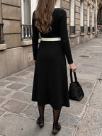 Daily Dresses Black Contrast White Trim Knit Midi Dress V Neck Pocket Belt Tie Waist Long Sleeve A Line Dress